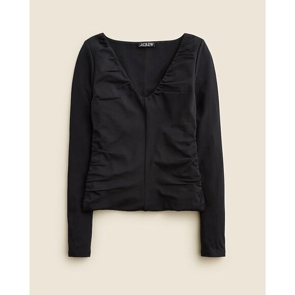 J Crew Womens Top Sz Medium Black Stretch Cotton Ruched V-neck Minimalist Shirt - Picture 4 of 9
